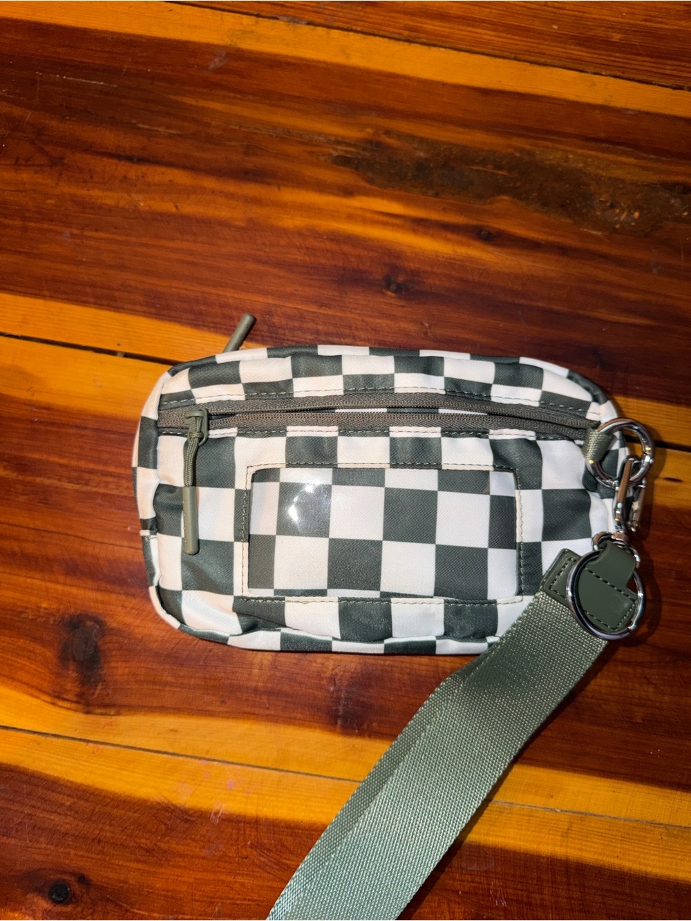 Checkerboard Wristlet in Olive Green and White waterproof material